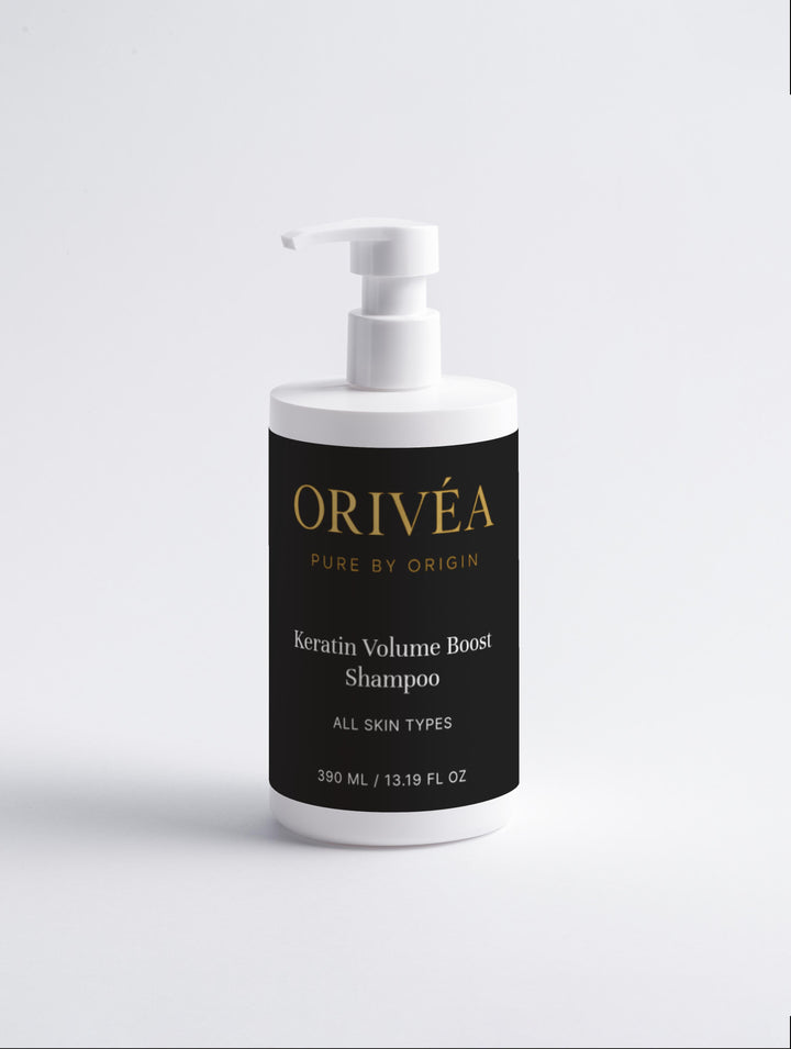 Orivea Keratin Volume Boost Shampoo bottle on a white background