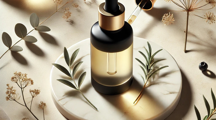 Cosmetic dropper bottle with leaves and flowers on a light background