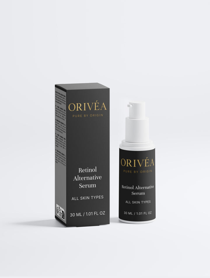 Orivea Retinol Alternative Serum bottle and packaging on a light gray background
