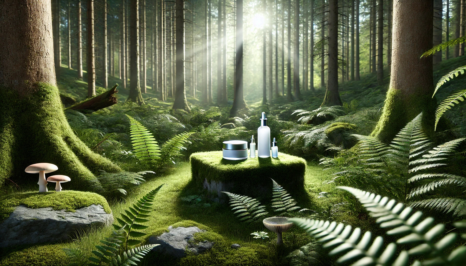Mystical forest scene with a table set for a meal, surrounded by tall trees and ferns.