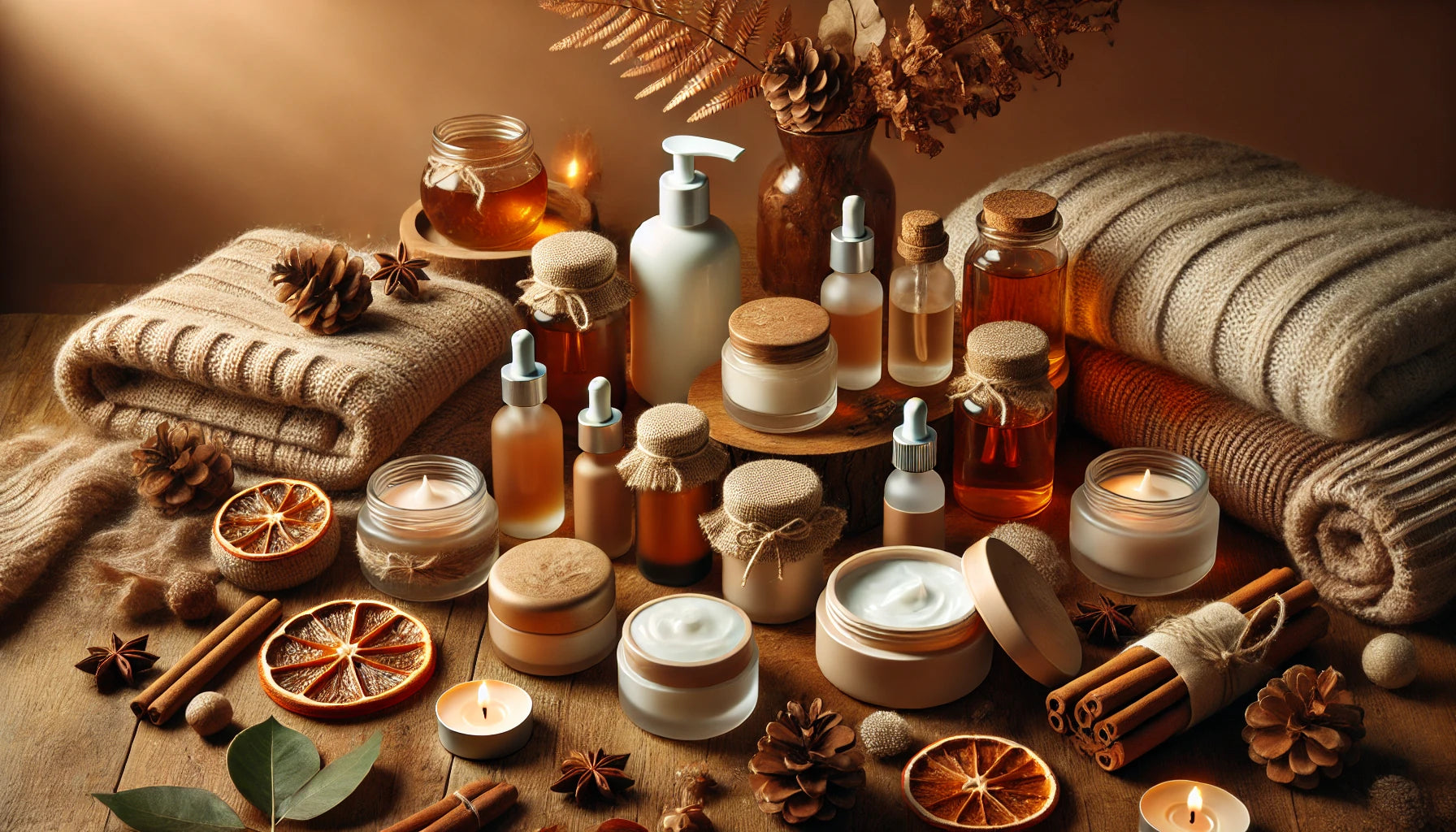 Collection of skincare products and natural elements on a wooden surface with warm lighting.