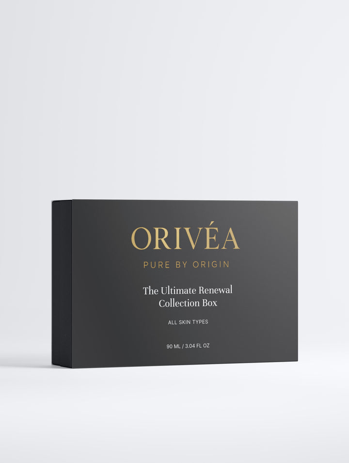 Oriveá skincare collection box on a light gray background