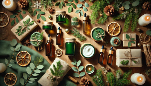 Assorted natural products including bottles, candles, and gift boxes on a wooden surface with greenery.