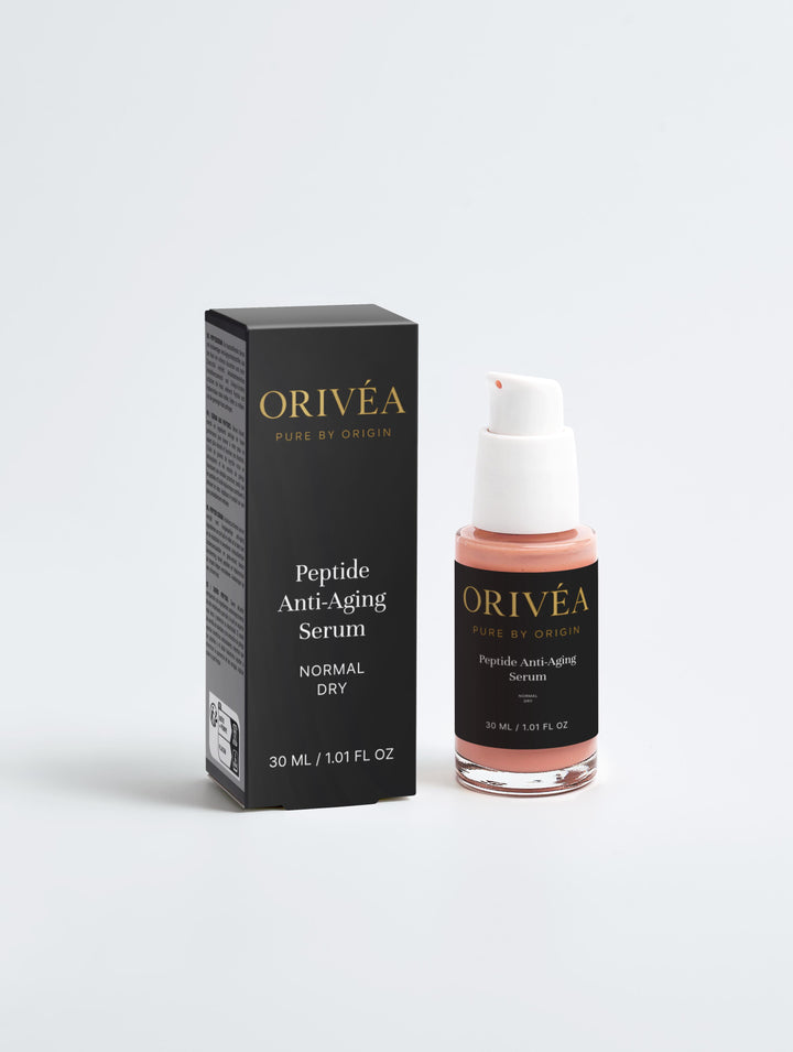 Oriveá Peptide Anti-Aging Serum bottle and packaging on a light gray background